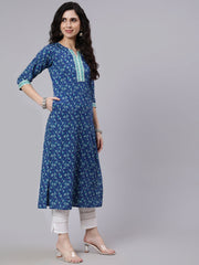 Women Blue Printed Straight kurta With Three Quarter Sleeves