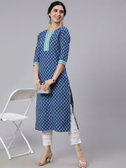 Women Blue Printed Straight kurta With Three Quarter Sleeves