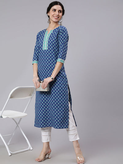 Women Blue Printed Straight kurta With Three Quarter Sleeves