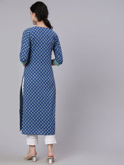 Women Blue Printed Straight kurta With Three Quarter Sleeves