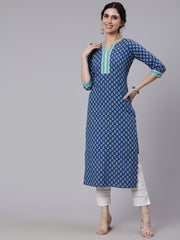 Women Blue Printed Straight kurta With Three Quarter Sleeves