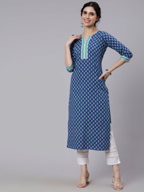 Women Blue Printed Straight kurta With Three Quarter Sleeves