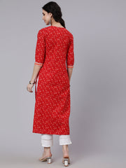 Women Red Printed Straight kurta With Three Quarter Sleeves