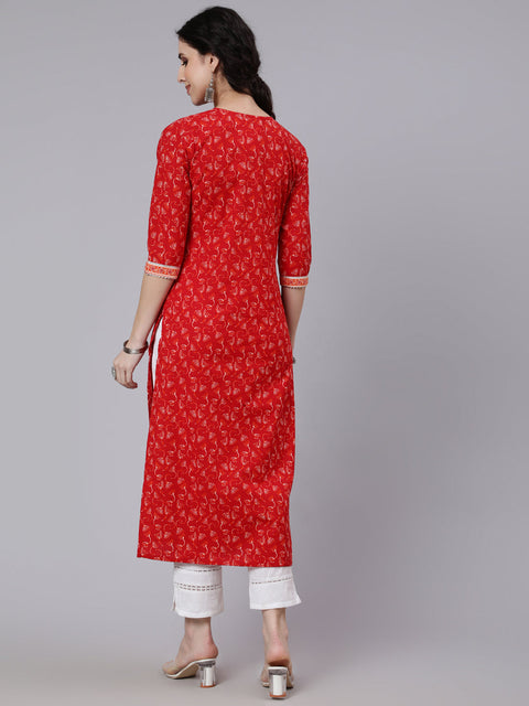 Women Red Printed Straight kurta With Three Quarter Sleeves