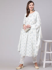 Women Off White Printed Flared kurta With Trouser & Dupatta