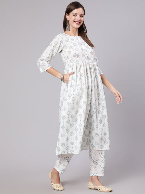 Women Off White Printed Flared kurta With Trouser & Dupatta