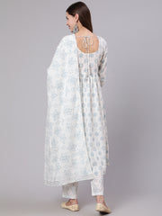 Women Off White Printed Flared kurta With Trouser & Dupatta