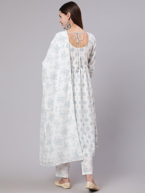 Women Off White Printed Flared kurta With Trouser & Dupatta