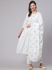 Women Off White Printed Flared kurta With Trouser & Dupatta