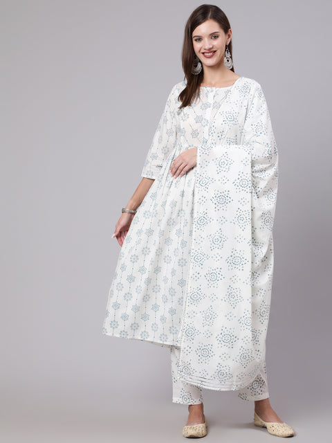 Women Off White Printed Flared kurta With Trouser & Dupatta