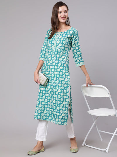 Women Blue Printed Straight kurta With Three Quarter Sleeves