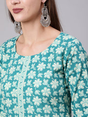 Women Blue Printed Straight kurta With Three Quarter Sleeves