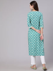 Women Blue Printed Straight kurta With Three Quarter Sleeves