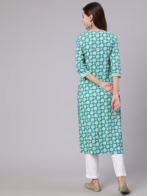 Women Blue Printed Straight kurta With Three Quarter Sleeves