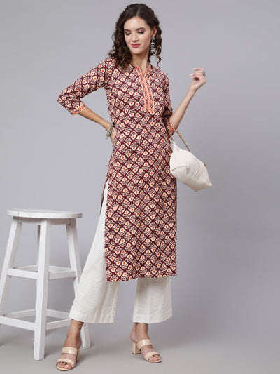 Women Burgundy Printed Straight kurta With Three Quarter Sleeves
