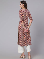 Women Burgundy Printed Straight kurta With Three Quarter Sleeves