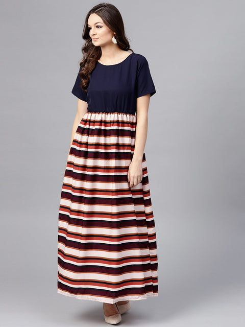 Multi Colored Maxi dress with round neck and Half sleeves