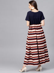 Multi Colored Maxi dress with round neck and Half sleeves