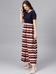 Multi Colored Maxi dress with round neck and Half sleeves