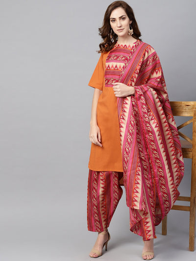 Red half sleeve printed cotton kurta with printed palazzo and dupatta