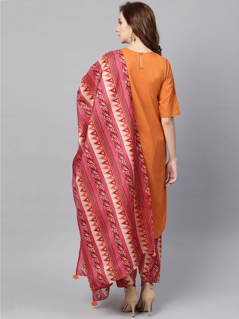 Red half sleeve printed cotton kurta with printed palazzo and dupatta