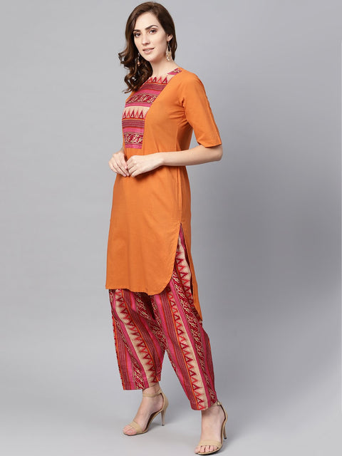 Red half sleeve printed cotton kurta with printed palazzo and dupatta