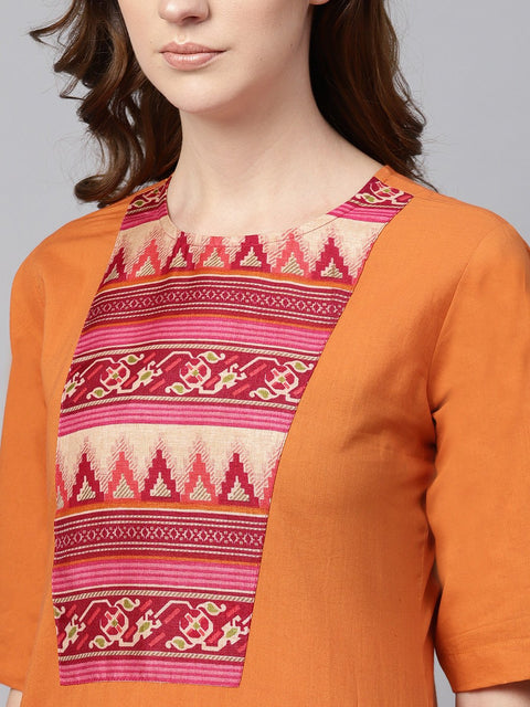 Red half sleeve printed cotton kurta with printed palazzo and dupatta