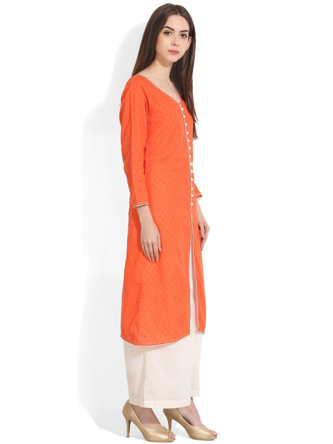 Women Orange Woven Design A-Line Kurta
