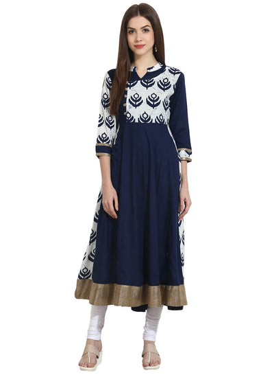 Navy Blue with printed Yoke 3/4th sleeve cotton anarkali