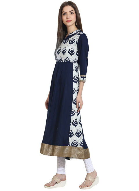 Navy Blue with printed Yoke 3/4th sleeve cotton anarkali