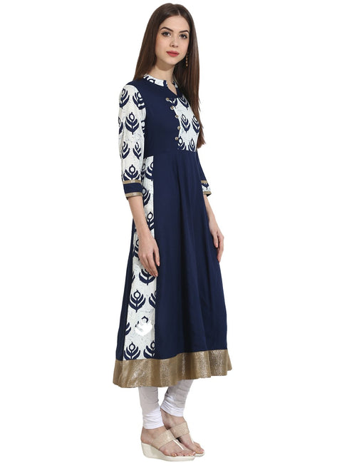 Navy Blue with printed Yoke 3/4th sleeve cotton anarkali