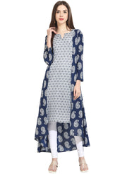 Blue indigo theme printed 3/4th sleeve assymetrical rayon kurta