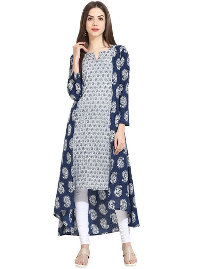 Blue indigo theme printed 3/4th sleeve assymetrical rayon kurta
