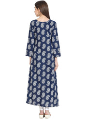 Blue indigo theme printed 3/4th sleeve assymetrical rayon kurta