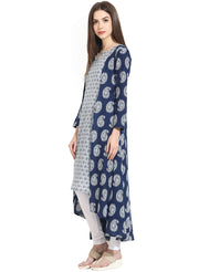 Blue indigo theme printed 3/4th sleeve assymetrical rayon kurta
