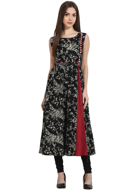 Black printed sleevless cotton A-Line Kurta