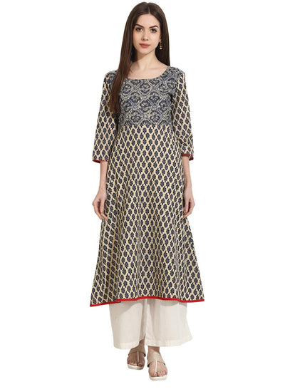 Beige Color 3/4th sleeve cotton A-Line kurta
