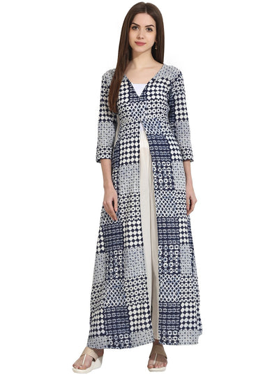 Blue Printed 3/4th Sleeve floor length open kurta