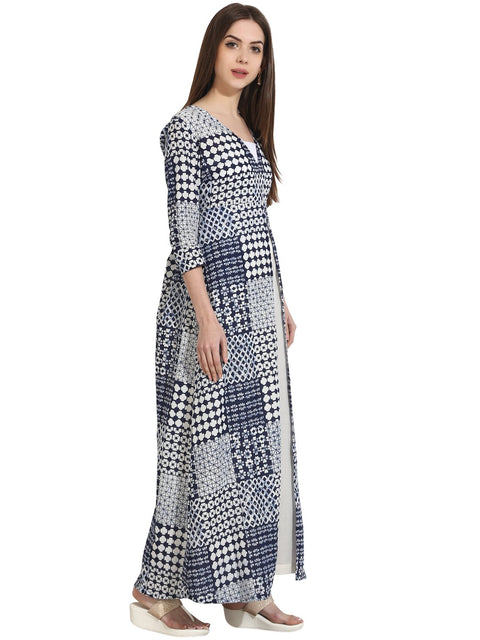 Blue Printed 3/4th Sleeve floor length open kurta