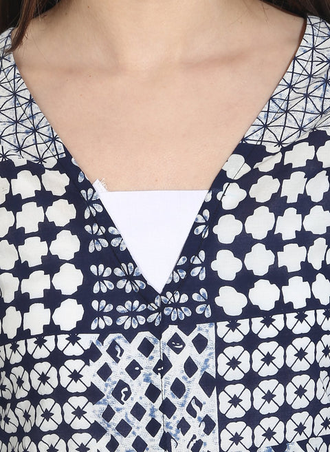 Blue Printed 3/4th Sleeve floor length open kurta