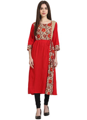 Red 3/4th sleeve yoke printed cotton kurta