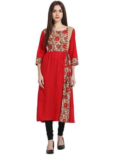 Red 3/4th sleeve yoke printed cotton kurta