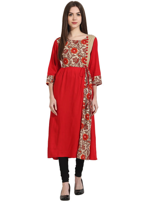 Red 3/4th sleeve yoke printed cotton kurta