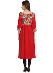 Red 3/4th sleeve yoke printed cotton kurta