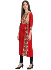 Red 3/4th sleeve yoke printed cotton kurta