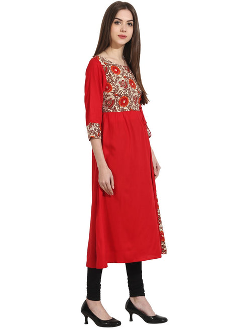 Red 3/4th sleeve yoke printed cotton kurta
