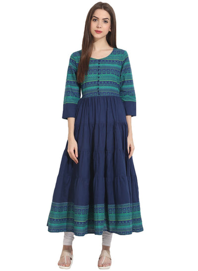 Blue 3/4th sleeve cotton tiered anarkali kurta