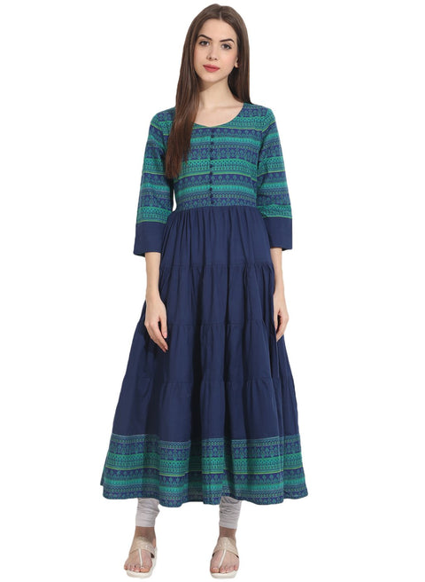 Blue 3/4th sleeve cotton tiered anarkali kurta