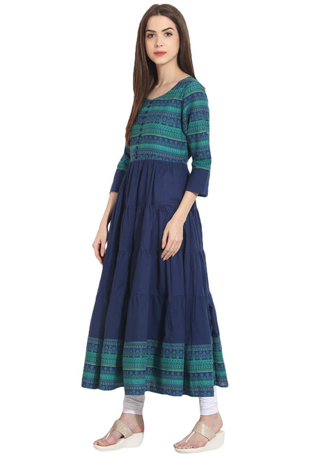 Blue 3/4th sleeve cotton tiered anarkali kurta