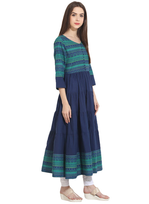 Blue 3/4th sleeve cotton tiered anarkali kurta